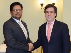 Suspicious loans? Finance Minister, Dr. Ashni Singh with IDB’s President, Luis Alberto Moreno last week.