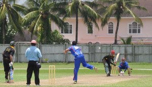 Akshaaya Persaud launches into a big drive off Sahil Patel at Wales yesterday. 