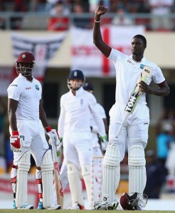 Jason Holder quietly celebrated a magnificent maiden Test, and first-class, century, West Indies v England, 1st Test, North Sound, 5th day, April 17, 2015 ©Getty Images
