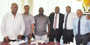 Team Unity Presidential candidate Nigel Hughes [3rd right) flanked by from right, Troy Cadogan, Mark Waldron, Aubrey ‘Shanghai’ Major, Javid Ali and Odinga Lumumba. 