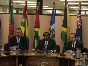 From left: Assistant Secretary-General of CARICOM, Ambassador Colin Granderson; Secretary-General, CARICOM, Dr Edwin Carrington, and Secretary-General, ACS, Luis Fernando Andrade Falla