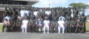 Officers of the Guyana Defence Force pose for a group photograph with Commander in Chief, President Bharrat Jagdeo (sitting centre) during yesterday’s Officers’ Conference.