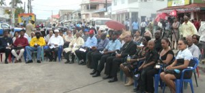 A section of the gathering in front of the Bartica Police Station yesterday at the memorial service for slain police ranks Lance Corporal 18632 Zaheer Zakir, Constable 16906 Shane Fredericks and Constable 19886 Ron Osborne. 
