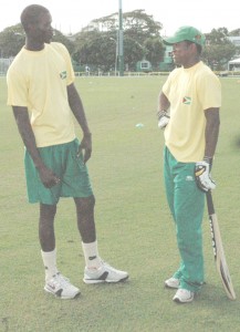 Brandon Bess (left) chats with Leon Johnson at the 3Ws Oval in Barbados shortly after being told of their selection on the West Indies 'A' team to face England in St Kitts.
