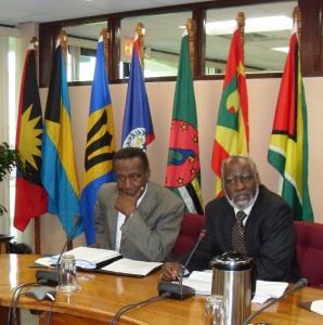Caricom Secretary General, Dr. Edwin Carrington and Chairman of the Community Council, Wilfred Erlington (right) during the press conference yesterday 