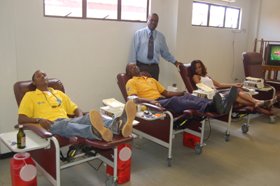 Executive members of the Guyana Football Referees Council at the Blood Bank yesterday. Standing is Vice President Lawrence Griffith while from right are Secretary Laura Obermuller, President Alfred  King and Executive member Elson Khirattie.