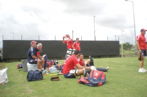 England cricketers including Kevin Pietersen and  Andrew  Strauss prepare for a practice session yesterday.