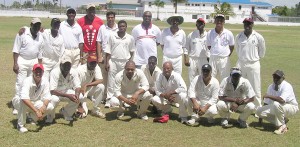 Winning MSC ‘Old School’ team yesterday. Former Trinidad and West Indies player Ian Bishop, who played for MSC in the 1980’s, is 4th from left standing while Colwin Cort is standing 5th from right.