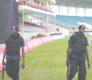 Tight Security was the order of the day  yesterday at the Providence Stadium as  these patrolling policemen indicate..