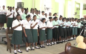 Students singing at yesterday’s church service