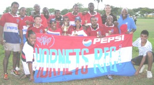 The victorious Hornets ‘A’ team pose for Kaieteur Sport following the presentation ceremony yesterday. 
