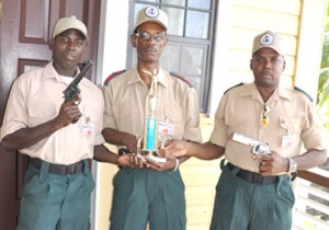 The winning MMC Security team, winners of the GAPSO/George Melville Memorial shoot; from left, Constable Gladwin Hanover, Station Sgt. George Murray and Lance Cpl. Training, Clarence Lewis. 