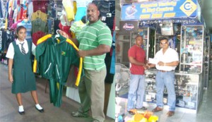 At left the daughter of the proprietor of Nafras Boutique hands over one of the tracksuits to John Edwards (right), while Johnny Singh (left) of Singh’s Electronics store makes his presentation to Randolph Morgan. 