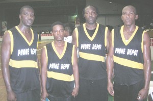 AS LETHAL AS IT GETS!!! North’s venomous four pose for Kaieteur Sport following their impressive performance at the Cliff Anderson Sports Hall Saturday night. From left are Damian Liverpool, Darcel Harris, Andrew Ifill and Quincy Jones in their Phone Depot–sponsored uniforms.