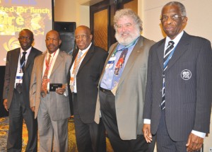 The awardees pose with GFF President Colin Klass (2nd left). From  left, Jack Austin Warner, Lisle Austin, Chuck Blazer and Harold Taylor. 