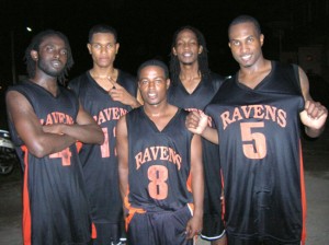 RAVENS PHANTOM FIVE!!! From left, Seraiah Clarke, Jermaine Slater, Darcel Harris, Kevin Lawrence and Ryan Gullen pose for Kaieteur Sport following their heroic feat at the Mackenzie Sports Club in Linden Saturday night.