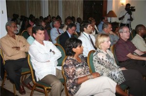 Diplomats and others at the residence of the British High Commissioner, Bel Air, on Monday where a climate change documentary, “The Burning Agenda-The Climate Change Crisis in the Caribbean”, was launched.