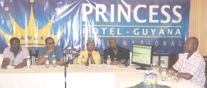 From right: Clive Lloyd, Ramsay Ali, Ramnaresh Sarwan, Barry Wilkinson and Andrew Mason at yesterday’s press conference at the Princess Buddy’s Hotel. 