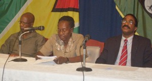 From left: PNCR’s Lance Carberry, Cheryl Sampson  and Basil Williams during Thursday’s press conference