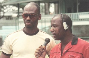 Basil Bradshaw (right) interviews world renowned Guyanese Sprinter, James Wren Gilkes at Bourda.