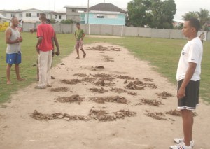 High class wickedness!!! The badly damaged pitch at the Bartica Community Centre ground after suspected sabotage by an Essequibo Cricket official early Sunday morning. 