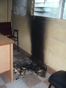 Part of the scorched walls of the Dorothy Bailey Municipal Health Centre, this is believed to be the work of arsonists. 