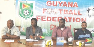 President of the GFF, Colin Klass (left) at the press conference with President of the Women’s Football Federation, Vanessa Dickenson, Second Vice President, Franklin Wilson and UK-based supporter, Peter Barry.
