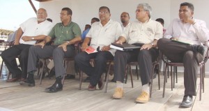 At Tuesday’s meeting - From left: Donald Ramotar, Robert Persaud, Dr Nanda Gopaul and Errol Hanoman respectively, and Region Six Chairman, Zulfikar Mustapha.