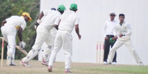 Omari Banks survives a caught behind shout by Derwin Christian off Davendra Bishoo during his 49 for the Leewards yesterday. (Sean Devers photo)