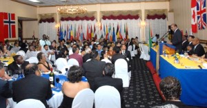 President Bharrat Jagdeo delivering an address at the World Understanding Month dinner organized by the Rotary International Club of Georgetown at Pegasus Hotel