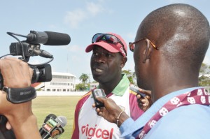 WI Coach Otis Gibson addresses the media yesterday at the DCC ground. 