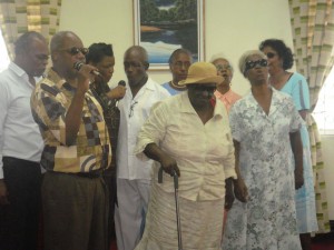 Members of the Visually Impaired Cultural Association  of Guyana performing a folk tune at the entity’s launch.