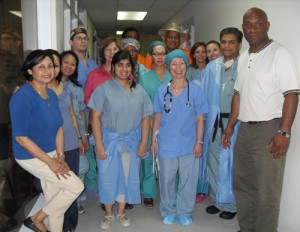 The team undertaking the paediatric operation. At extreme right is Dr Gary Stephens. Also in the back row are Mr George Subraj (with hat) and Mr Lake Persaud. 