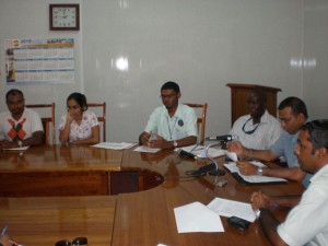 Minister of Agriculture, Robert Persaud and his deputies during this press briefing yesterday on the rainy season.