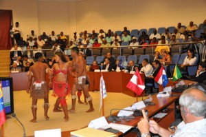 Amerindian dancers entertain with an Arawak cultural item. 