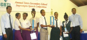 Runners up – President’s College and Winners – Richard Ishmael Secondary School flanked by CEO of GBTI, John Tracey (left) and Minister of Culture Youth and Sport, Dr. Frank Anthony (right)