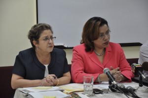Presidential Advisor Gail Teixeira and Minister of Foreign Affairs  Carolyn Rodrigues-Birkette at a press conference, yesterday. 
