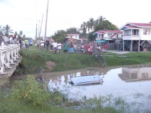 Onlookers stare in shock at the car which was almost submerged in the canal.