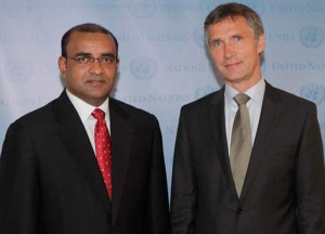 President Bharrat Jagdeo and Norway’s  Prime Minister, Jens Stoltenberg, at the United Nations, New York, yesterday.