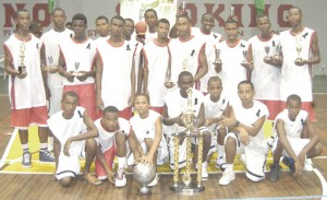 Kwakwani Secondary School’s Under-16 and Under-18 teams that won three titles in the NSBF Monday night pose for a photo opportunity following the remarkable feat.