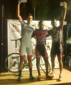 On the podium! Winner Jason Perryman (centre) is flanked by 2nd placed Calixto Bello (left) and Geron Williams.  