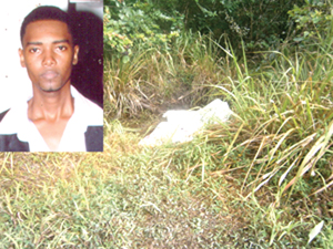 The body of Delon Melville (inset) which was found in the clump of bushes. 