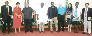 Johnson (centre) at the Guyana Prize for Literature 2012 among representatives of the University and other Prize winners