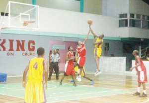 Pacesetters Division III forward, Dwight Grey releases a floater in the paint against Eagles at the Cliff Anderson Sports Hall Saturday night.