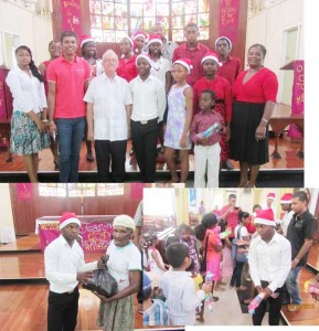 Members of the St. Francis Xavier Roman Catholic Youth Club (above)  prior to handing out the gifts (below) yesterday.