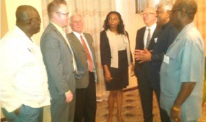 From L-R: Keith Lowenfield – Deputy Chief Election Officer (ag); Allan Best, Managing Director of the DELIAN Project; John Hollins, Chairman of the DELIAN Board of Directors; Juanita Barker, GECOM’s Legal Officer; Jean-Pierre Kingsley, Chairman of the DELIAN’s Advisory Board; Dr. Steve Surujbally, Chairman of GECOM, and Calvin Benn – Chief Election Officer (ag). 