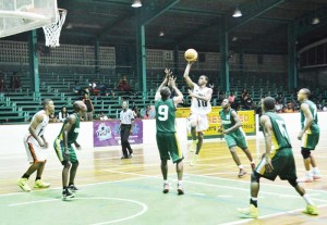 A player from reigning national champions, Ravens goes up for a jumper in their clash against an All-Star combination on Saturday evening at the Cliff Anderson Sports Hall.