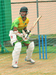  Taignarine Chanderpaul bats in the nets at Providence yesterday. 