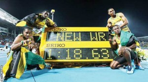 Jamaica’s men set a new world record in the 4 x 200m event. (Getty Images)