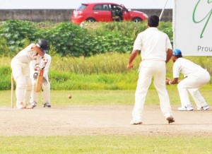 Taignarine Chanderpaul in defensive mode  against GCC yesterday in his 179 for Everest.